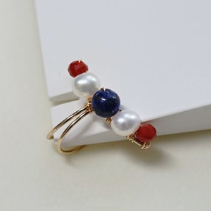 Lapis Lazuli and Freshwater Pearl Ear Cuff | Red White Blue and Star Patriotic Jewelry | Spirit of America No Piercing Cartilage Hoop