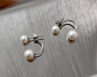 Freshwater Pearl Front Back Stud Earring | White Gold Over Sterling Silver Pearl Ear Jacket | Round Pearl Double Sided Front Back Earring