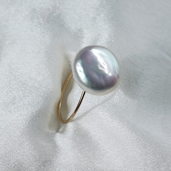 Freshwater Coin Pearl Ring | Real Pearl Dainty Ring | Flat Pearl Gold Filled Ring | Sterling Silver Luminous Pearl Ring