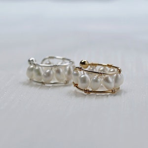Freshwater Pearl Ear Cuff | Gold Filled Single Cartilage Hoop | Real Pearl Sterling Silver Ear Wrap | Chunky Pearl No Piercing Ear Cuff