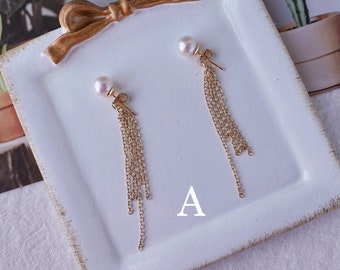 Pearl Fringe Earring | Long Chain Pearl Earring | Pearl Front Back Stud Earring | Pearl Tassel Earring | Bridal Pearl Earring