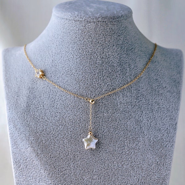 Freshwater Pearl Lariat Necklace with Cubic Zirconia | Star Pearl Pendant Slider Necklace | Blue Zircon and Pearl Y Necklace