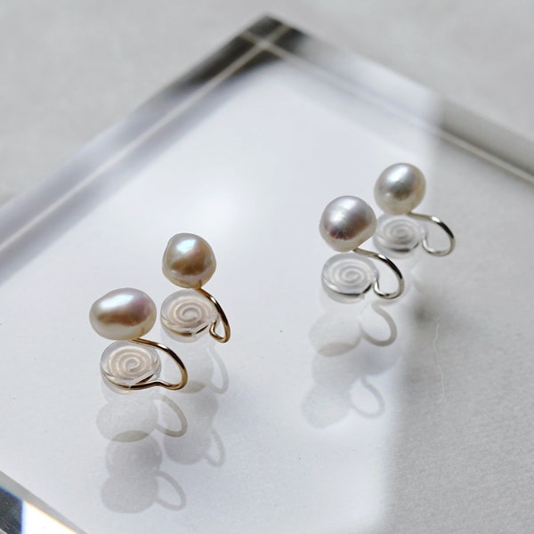 Freshwater Baroque Pearl Post | Real Baroque Pearl Clip-on Earring | No Pain Freshwater Pearl Non Pierced Ear Clip | U Spiral Ear Clip