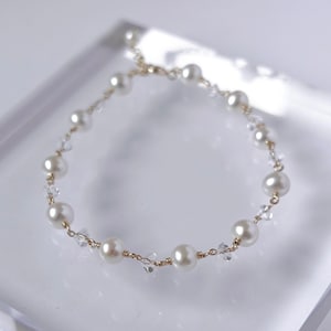 Freshwater Pearl and Cubic Zirconia Bracelet | Bridal Pearl Bracelet | Dainty Beaded Pearl Bracelet | Wedding Freshwater Pearl Bracelet