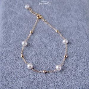Freshwater Pearl Station Bracelet | Pearl & Gold Bead Station Bracelet | Pearl Chain Bracelet | Pearl Tincup Bracelet