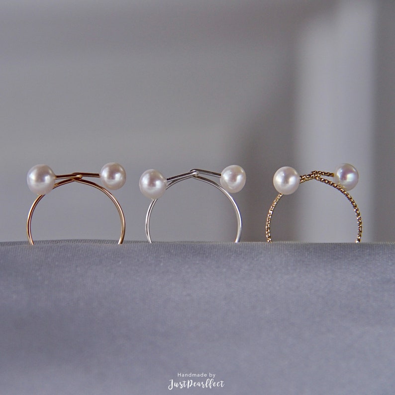 Silver Dainty Ring Twisted Pearl Ring Minimal Gold Filled Ring Small Pearl Ring Double Freshwater Pearl Ring