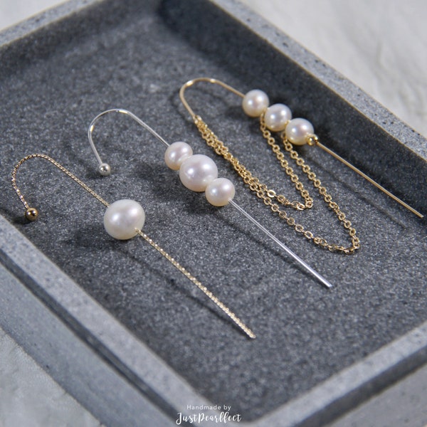 Pearl Ear Pin Earring | Freshwater Pearl Ear Bar Earring | Silver Ear Hook Cuff | Pearl Wrap Crawler Hook | Real Pearl Hook Earring