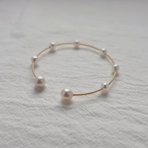 Freshwater Pearl Station Bangle Bracelet | Real Pearl Open Cuff Bracelet | White Pearl Flex Cuff | Wedding Bridal Pearl Bangle Bracelet