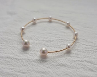 Freshwater Pearl Station Bangle Bracelet | Real Pearl Open Cuff Bracelet | White Pearl Flex Cuff | Wedding Bridal Pearl Bangle Bracelet