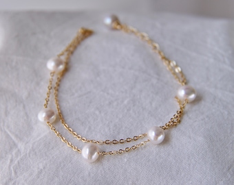 Freshwater Pearl Station Bracelet | Double Chain Pearl Bracelet | Bridal Pearl Tincup Bracelet | White Pearl Layered Bracelet