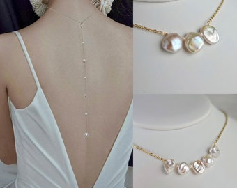 Petal Pearl Wedding Dress Necklace | Freshwater Pearl Bridal Backdrop Necklace | Wedding Y Necklace | Real Pearl Bridal Back Necklace