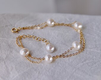 Freshwater Pearl Station Bracelet | Double Chain Pearl