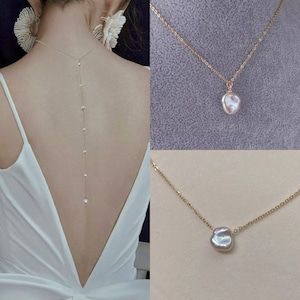 Petal Pearl Bridal Back Necklace | Pearl Station Backdrop Wedding Necklace | Freshwater Pearl Bridal Back Necklace | Wedding Y Necklace