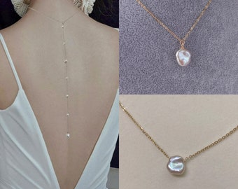 Petal Pearl Bridal Back Necklace | Pearl Station Backdrop Wedding Necklace | Freshwater Pearl Bridal Back Necklace | Wedding Y Necklace