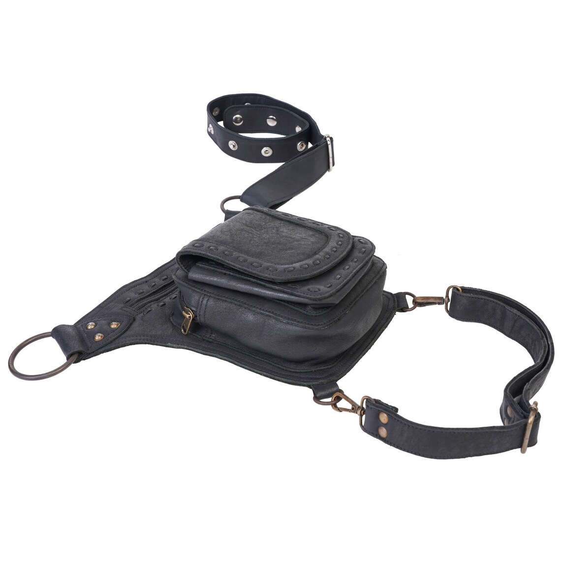 Black Leather Utility Bag With Leg Strap Doubles as Shoulder Etsy UK