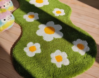 Daisy flowers rug runner Green meadow with daisies hand tufted rug Wavy rug Irregular carpet for kitchen