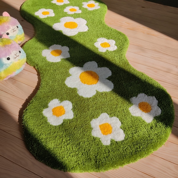 Daisy flowers rug runner Green meadow with daisies hand tufted rug Wavy rug Irregular carpet for kitchen