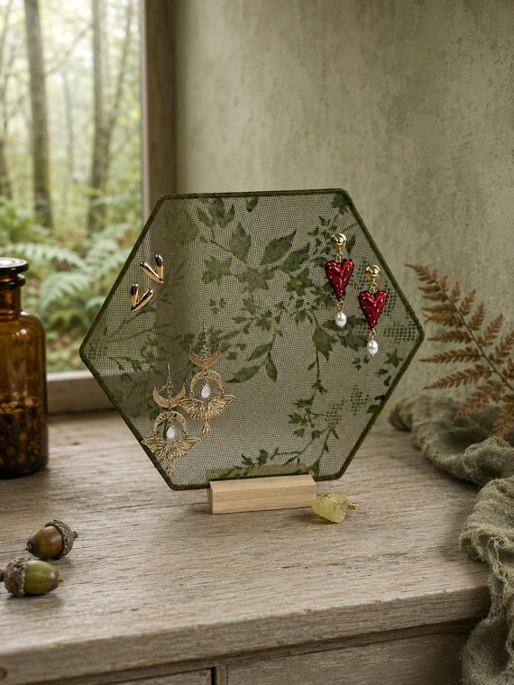 Hexagon Botanical Earring Holder, Forest Witch Jewelry Organizer, Woodland Vanity Decor