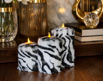 Zebra-Print-LED-Stumpenkerze Kunstpelz, Luxus-Flammenlose Kerze, Dekorative Tierkerze, Designer-Wohnkultur