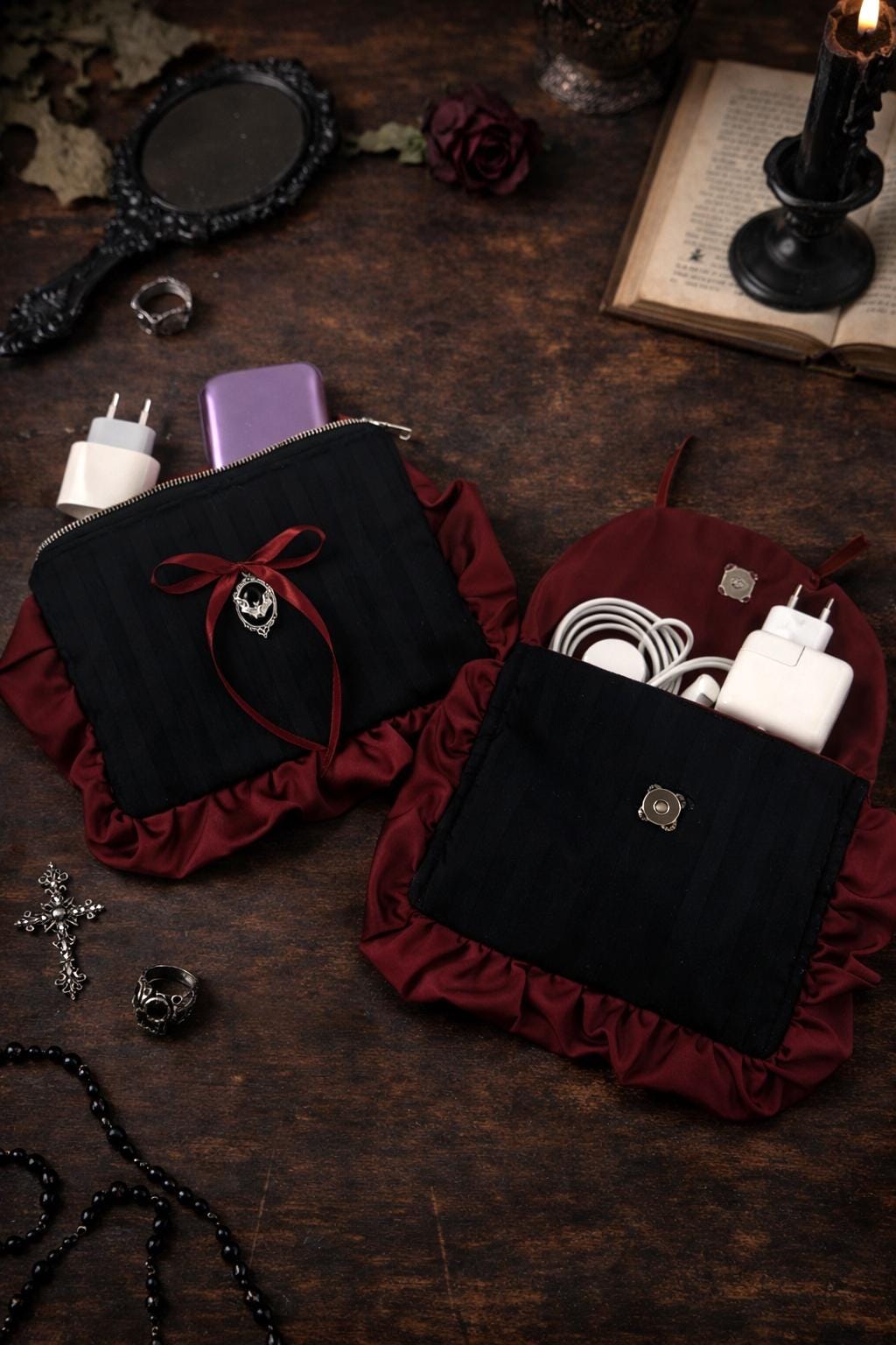 Vampirecore Tech Organizer with Bat Charm, Gothic Cable Pouch, Dark Romance Headphone Case, Gothic Electronics Organizer, Goth Girl Tech