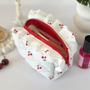 Cottagecore gift Boho ruffle toiletry bag Small cosmetic bag with cherries Coquette cherry Handmade cosmetic bag