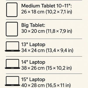 以下が含まれることがあります： インチとセンチメートルで、さまざまなタブレットとラップトップのサイズを示すチャート。チャートには、小型、中型、大型のタブレットのサイズと、13インチ、14インチ、15インチのラップトップのサイズが含まれています。また、オーガナイザーのサイズも含まれています。