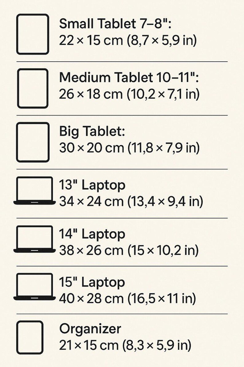 以下が含まれることがあります： インチとセンチメートルで、さまざまなタブレットとラップトップのサイズを示すチャート。チャートには、小型、中型、大型のタブレットのサイズと、13インチ、14インチ、15インチのラップトップのサイズが含まれています。また、オーガナイザーのサイズも含まれています。
