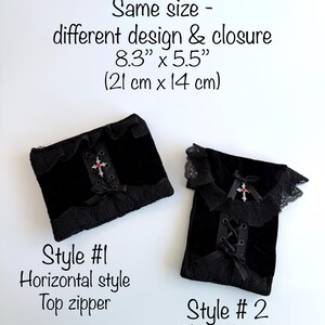 May include: Two black velvet pouches with lace trim and cross accents. Style #1 is horizontal with a top zipper, and Style #2 is vertical with a magnetic top flap. Both are 8.3" x 5.5" in size.