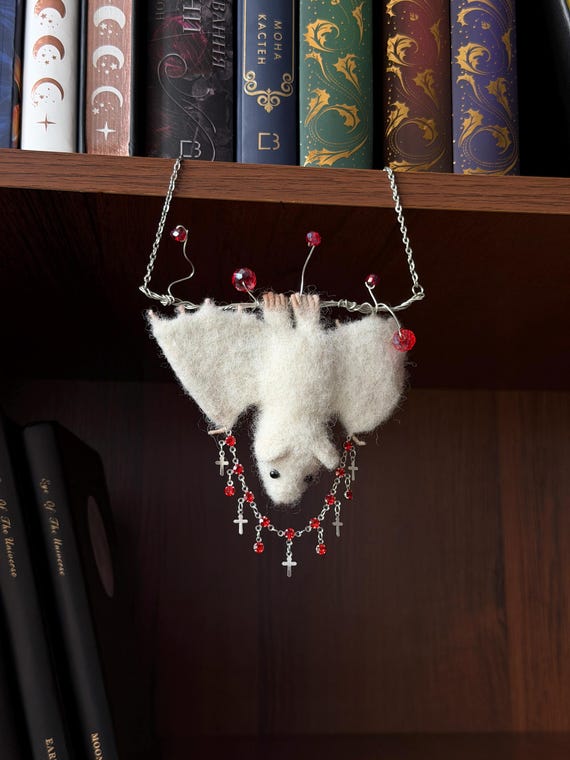 Hanging Bat Shelf Decor, Gothic Bookshelf Ornament, Needle Felted White Bat, Creepy Cute Bookcase Decor, Halloween Gift