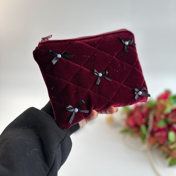Handmade Burgundy Velvet E-Reader Sleeve: Goth Bow Tech Organizer