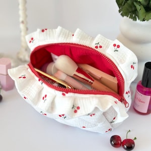 Coquette cherry Boho ruffle toiletry bag Medium cosmetic bag with cherries Handmade cosmetic bag for styler Cottagecore gift