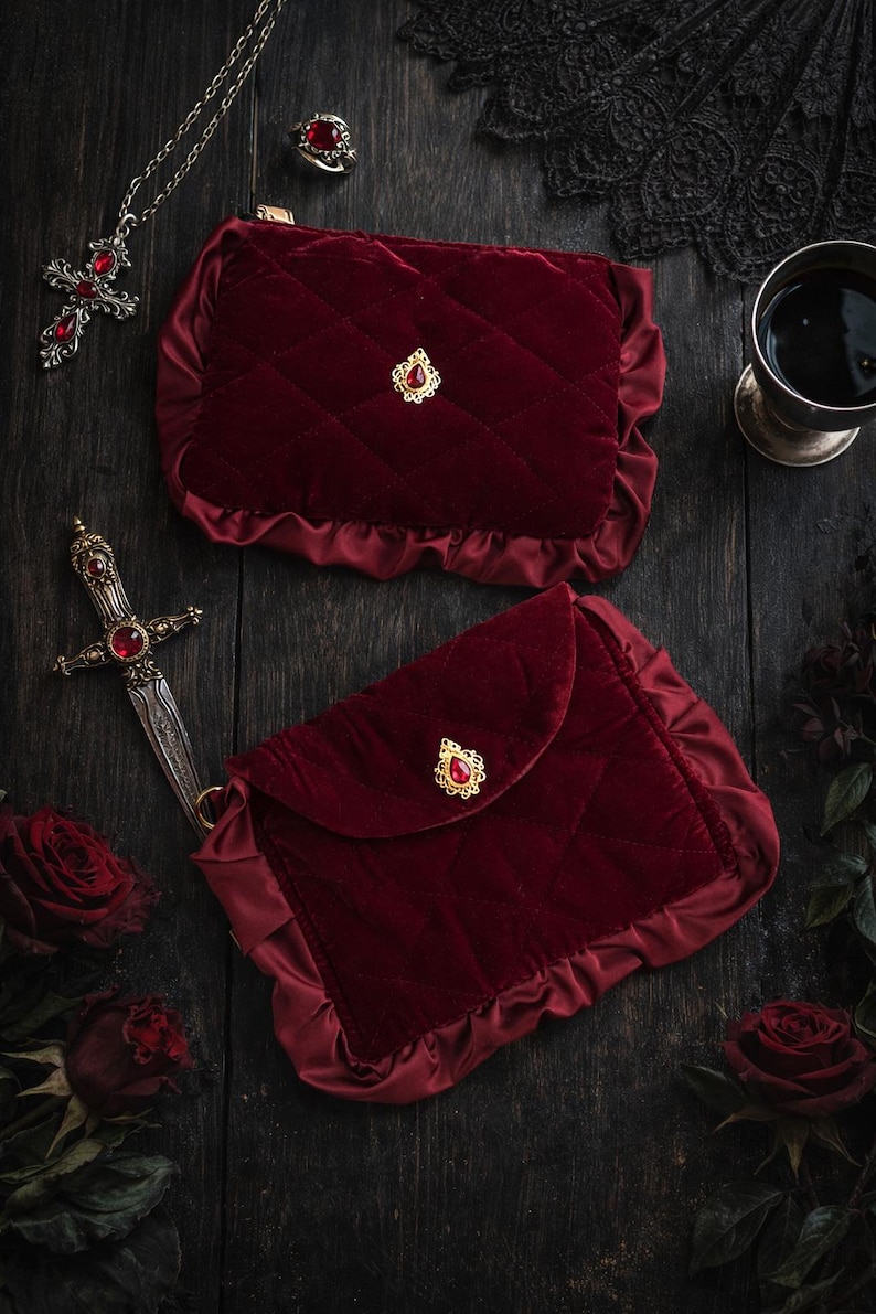 Burgundy Velvet Cosmetic Pouch, Ruffled Gothic Makeup Bag, Vampirecore ...