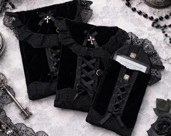 Gothic Black Corset Book Sleeve with Lace & Cross Charm – Dark Academia Witchcore E-Book Pouch, Gothic Aesthetic Cover with Magnetic Closure