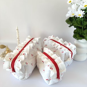 Large cosmetic bag with cherries Handmade cosmetic bag for styler Coquette cherry Boho ruffle toiletry bag Cottagecore gift