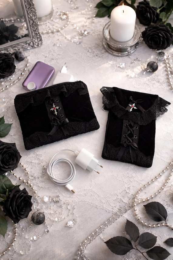 Gothic Tech Organizer Pouch with Cross Charm | Handmade Dark Academia Cable Organizer Sleeve for Chargers, Power Banks & Accessories