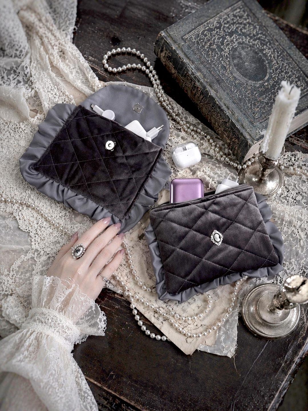 Gray Velvet Goth Ruffle Tech Pouch – Soft Gothic Organizer Case - Etsy