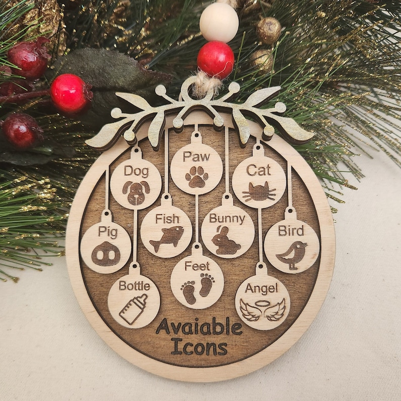 Personalized Family Christmas Ornament, Laser Cut Wooden Name Ornament ADD Beads & Leaf