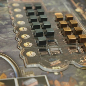 Brass Birmingham game overlay, clear acrylic one-piece frame for coal and iron resource tokens.