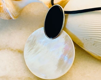 Mother of Pearl Moon & Black Agate Sterling Silver Pendant with Black Leather Necklace, Mother of Pearl Pendant Necklace, Gift for her