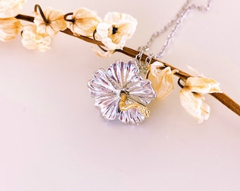 Elegant Hibiscus Flower Sterling Silver Necklace, , Two Toned Pendant, Flower Pendant, Solid Silver Flower Pendant Necklace,