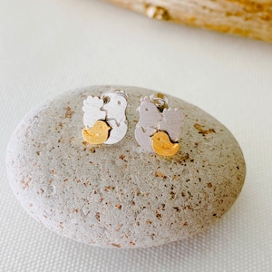 Hen and Chick Sterling Silver Two-Toned Design Earrings, Birthday Gifts Delivered UK, Everyday Earrings, Christmas Hen Gifts