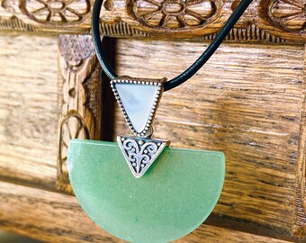 Half Moon Aventurine Pendant with Black Leather Necklace, Sterling Silver Big Statement Gemstone Pendant, Aventurine and Mother Of Pearl