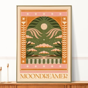 Impression lune bohème, art mural nuage, illustration florale nature morte, affiche lunaire céleste bohème, mur de la galerie tarot étoiles, cadeau A5 A4 A3 A2