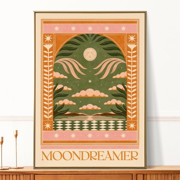 Bohemian Moon Dreamer Art Print: Celestial Lunar Gallery Wall, Tarot Florals Cloud Poster Decorate