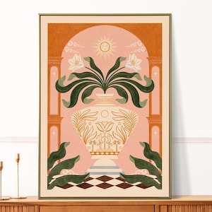 Impresión de jarrón botánico, arte de pared de flores boho, ilustración de naturaleza muerta con sol, póster de viaje floral bohemio, pared de galería, regalo de tarot A5 A4 A3 A2