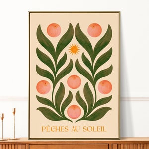 Floral Peach Print, Fruit Poster, Botanical Art, Bohemian Leaves Artwork, Plant Illustration, Boho Home Decor, Gallery Wall, Gift, A4 A3 A2