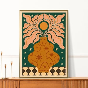 Boho Vase Print | Bohemian Botanical Wall Art | Minimal Modern Floral Illustration | Tropical Plant Poster | Celestial Stars Arch | A5 A4 A3