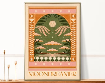 May include: A digital illustration of a moon with a face in a green archway with pink clouds and stars. The archway is surrounded by a border of orange and pink with a repeating pattern of stars and diamonds. The text "MOONDREAMER" is at the bottom of the image.