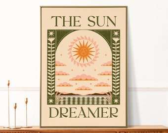 Bohemian Sun Print, Cloud Wall Art, Still Life Floral Illustration, Boho Celestial Travel Poster, Sunny Tarot Gallery Wall, Gift A5 A4 A3 A2