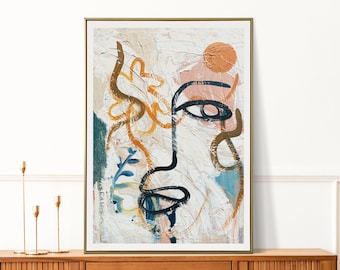 Abstract Face Line Art Print: Boho Botanical Home Decor